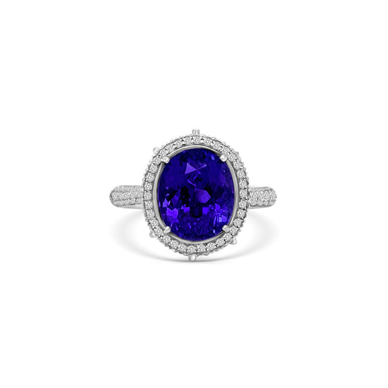 Oval Tanzanite and Halo Diamond Ring - 4.90ct Tanzanite Center Stone Exquisite Gemstone Jewelry - Oval Tanzanite with Diamond Halo Sophisticated Tanzanite and Diamond Ring - Blue-violet Oval Gemstone Halo Diamond Ring - 4.90ct Oval Tanzanite Centerpiece Elegant Tanzanite and Diamond Ring - Dazzling Gemstone Jewelry Glamorous Oval Tanzanite Ring - Sparkling Diamond Accents Special Occasion Accessory - 4.90ct Oval Tanzanite and Diamond Halo Unique Gemstone Jewelry - Brilliant Blue-violet Tanzanite Ring
