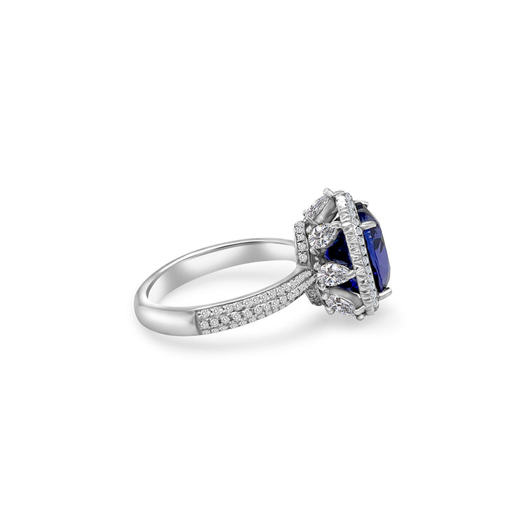 Oval Tanzanite and Halo Diamond Ring - 4.90ct Tanzanite Center Stone Exquisite Gemstone Jewelry - Oval Tanzanite with Diamond Halo Sophisticated Tanzanite and Diamond Ring - Blue-violet Oval Gemstone Halo Diamond Ring - 4.90ct Oval Tanzanite Centerpiece Elegant Tanzanite and Diamond Ring - Dazzling Gemstone Jewelry Glamorous Oval Tanzanite Ring - Sparkling Diamond Accents Special Occasion Accessory - 4.90ct Oval Tanzanite and Diamond Halo Unique Gemstone Jewelry - Brilliant Blue-violet Tanzanite Ring