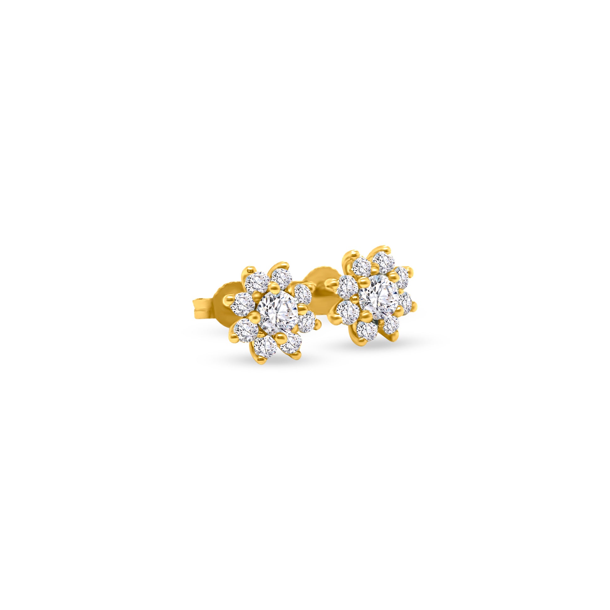 Round brilliant floral diamond stud earrings, sparkling flower-shaped diamond studs, elegant floral design diamond earrings, classic round-cut diamond studs with a floral twist, timeless floral motif diamond stud earrings, exquisite round brilliant diamonds in floral arrangement, dazzling flower-inspired diamond stud earrings, stunning floral cluster diamond studs, delicate round-cut diamonds in a floral setting, sophisticated and radiant floral diamond stud earrings