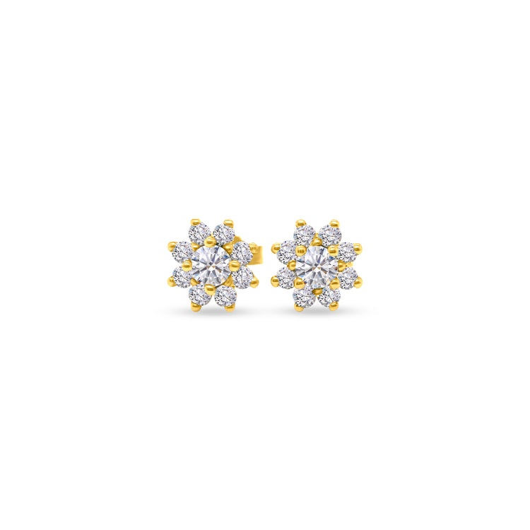 Round brilliant floral diamond stud earrings, sparkling flower-shaped diamond studs, elegant floral design diamond earrings, classic round-cut diamond studs with a floral twist, timeless floral motif diamond stud earrings, exquisite round brilliant diamonds in floral arrangement, dazzling flower-inspired diamond stud earrings, stunning floral cluster diamond studs, delicate round-cut diamonds in a floral setting, sophisticated and radiant floral diamond stud earrings