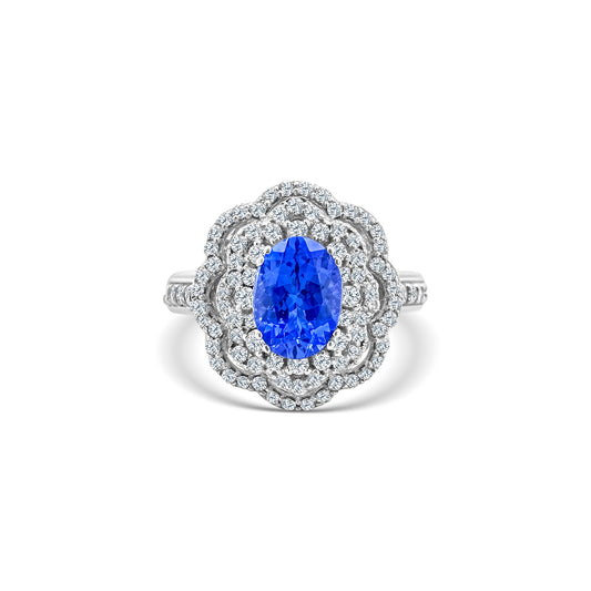 Oval Tanzanite Ring, Floral Diamond Halo Ring, Tanzanite and Diamond Jewelry, Gemstone Engagement Ring, Floral Design Ring, Halo Setting Jewelry, Oval Gemstone Ring, Tanzanite and Diamond Halo, Fine Jewelry, Luxury Ring Design