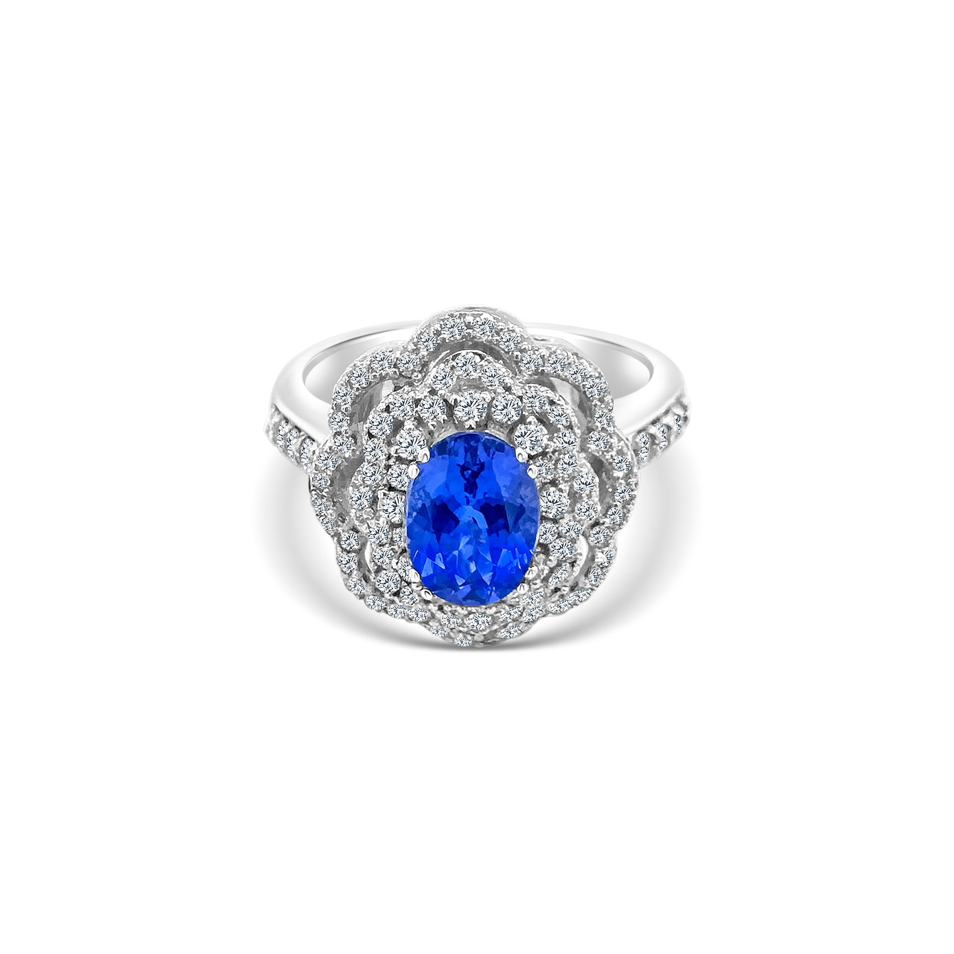 Oval Tanzanite Ring, Floral Diamond Halo Ring, Tanzanite and Diamond Jewelry, Gemstone Engagement Ring, Floral Design Ring, Halo Setting Jewelry, Oval Gemstone Ring, Tanzanite and Diamond Halo, Fine Jewelry, Luxury Ring Design