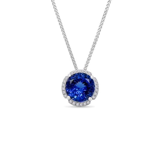 Round Tanzanite Pendant, Diamond Halo Pendant, Gemstone Jewelry, Fine Jewelry, Blue Gemstone Pendant, Halo Necklace, Tanzanite and Diamond Pendant, Luxury Jewelry, Statement Necklace