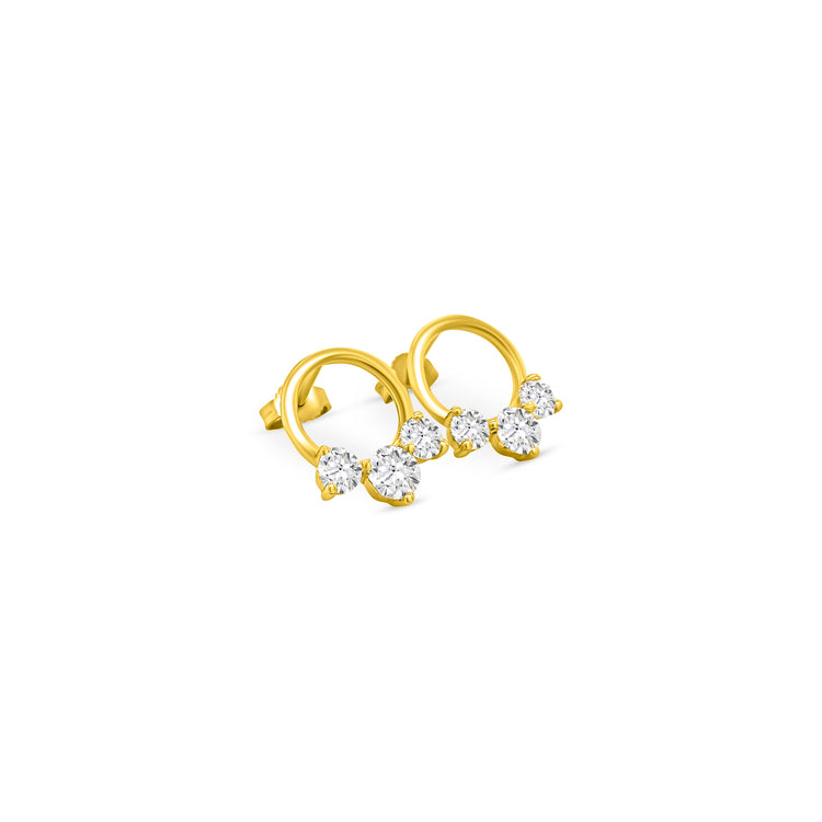 "Three stone round brilliant diamond earrings, sparkling diamond earrings, elegant diamond stud earrings."