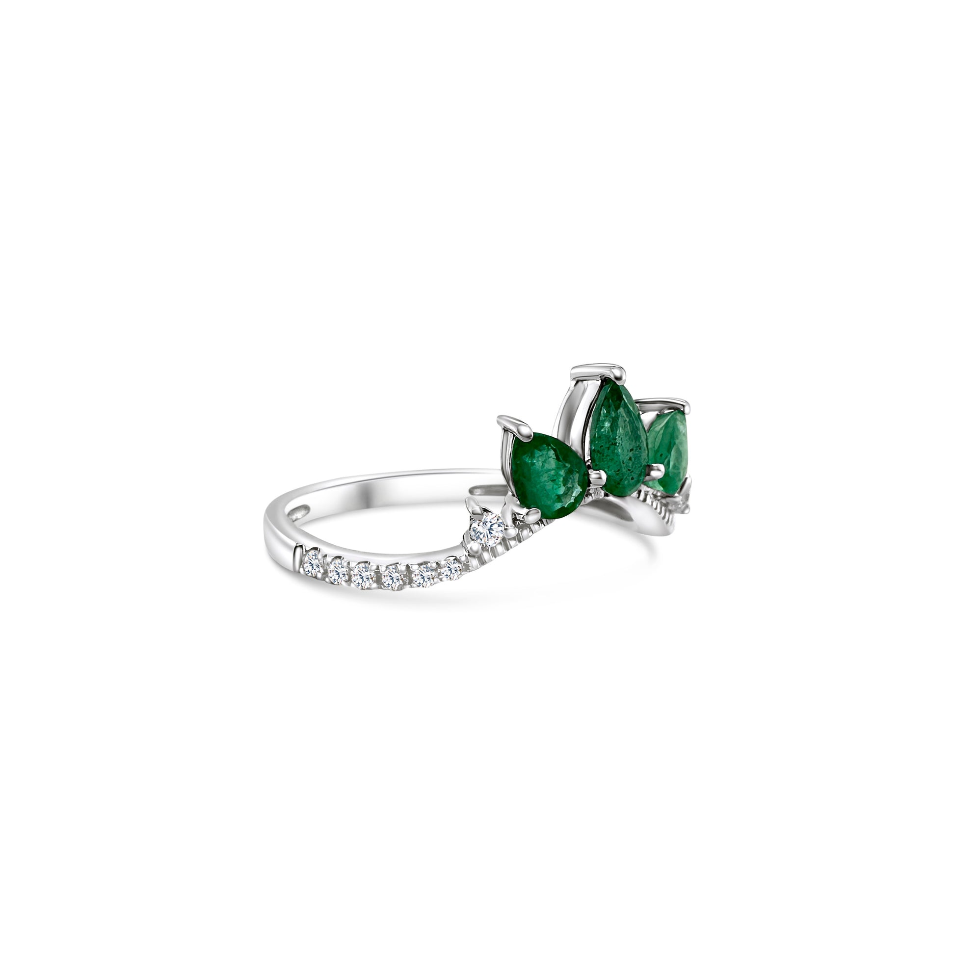 Pear shape emerald trilogy ring, emerald and diamond ring, pear cut gemstone ring, emerald and diamond trilogy ring, pear shaped gemstone ring.