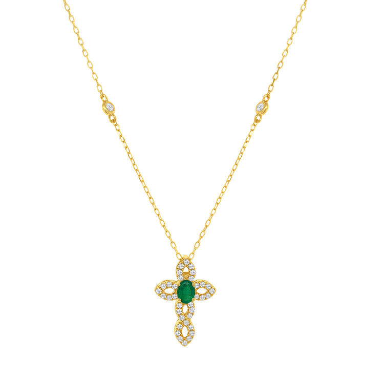 Oval Cut Emerald & Diamond Cross Pendant