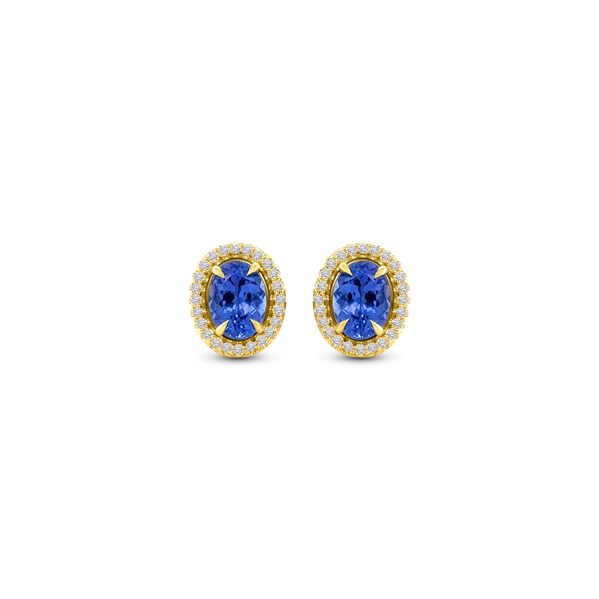 Oval Tanzanite & Diamond Halo Stud Earrings, Tanzanite stud earrings, Diamond halo earrings, Oval gemstone earrings, Halo stud earrings, Tanzanite and diamond jewelry, Gemstone stud earrings, Oval cut earrings, Diamond accent earrings, Elegant stud earrings.