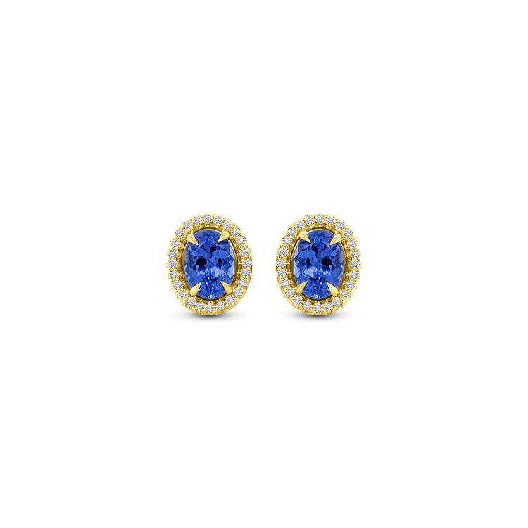 Oval Tanzanite & Diamond Halo Stud Earrings, Tanzanite stud earrings, Diamond halo earrings, Oval gemstone earrings, Halo stud earrings, Tanzanite and diamond jewelry, Gemstone stud earrings, Oval cut earrings, Diamond accent earrings, Elegant stud earrings.