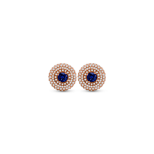 Exquisite Round Tanzanite Triple Halo Diamond Studs, elegant gemstone earrings, luxurious Tanzanite studs, sparkling diamond accents, triple halo design, statement jewelry, fine gemstone studs, sophisticated earrings, radiant Tanzanite stones, dazzling diamond brilliance.