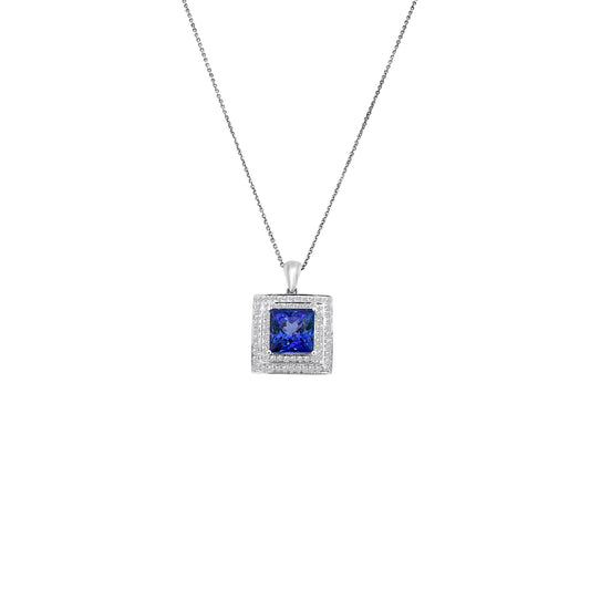 Cushion cut tanzanite and diamond pendant, luxurious tanzanite pendant, elegant diamond pendant, cushion cut gemstone necklace, diamond accent necklace, fine jewelry pendant, statement necklace, gemstone pendant, sophisticated accessory.