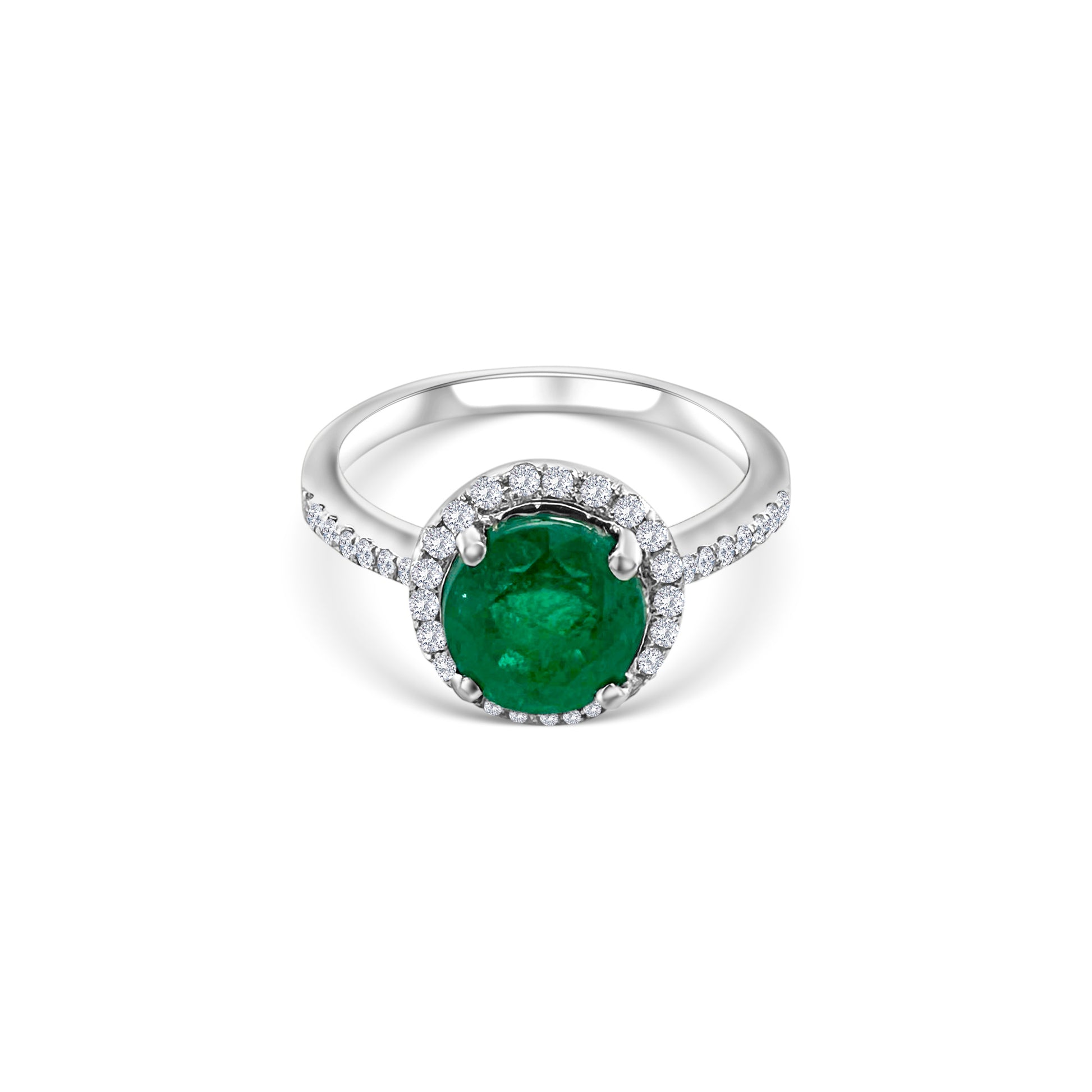 Round emerald diamond halo ring, green gemstone engagement band, elegant emerald jewelry, sparkling diamond accents, luxurious halo setting, fine jewelry gift for her.