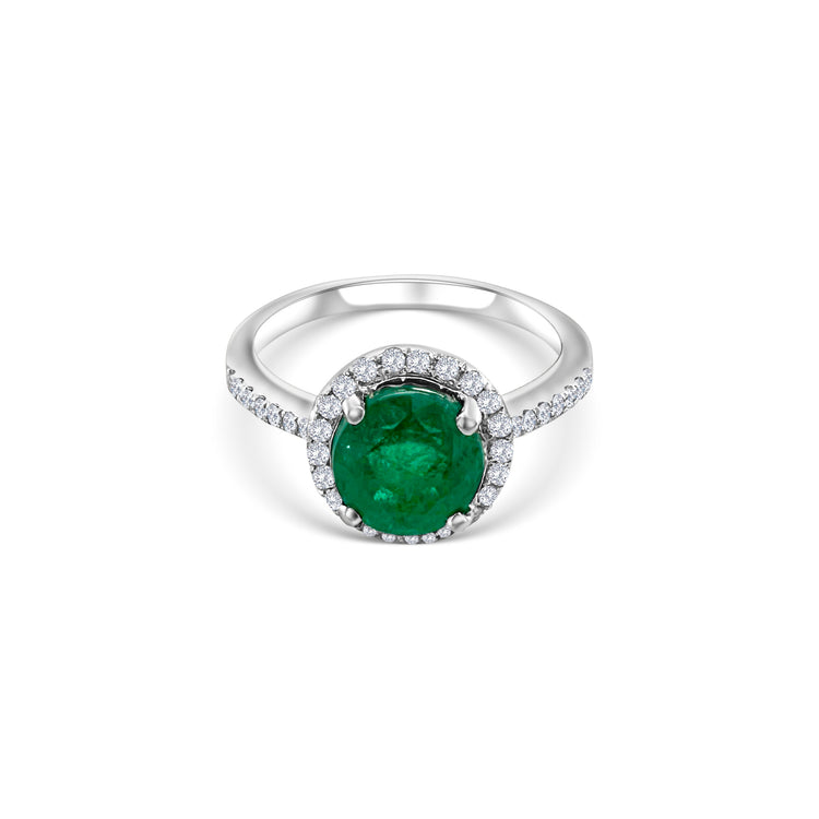 Round emerald diamond halo ring, green gemstone engagement band, elegant emerald jewelry, sparkling diamond accents, luxurious halo setting, fine jewelry gift for her.