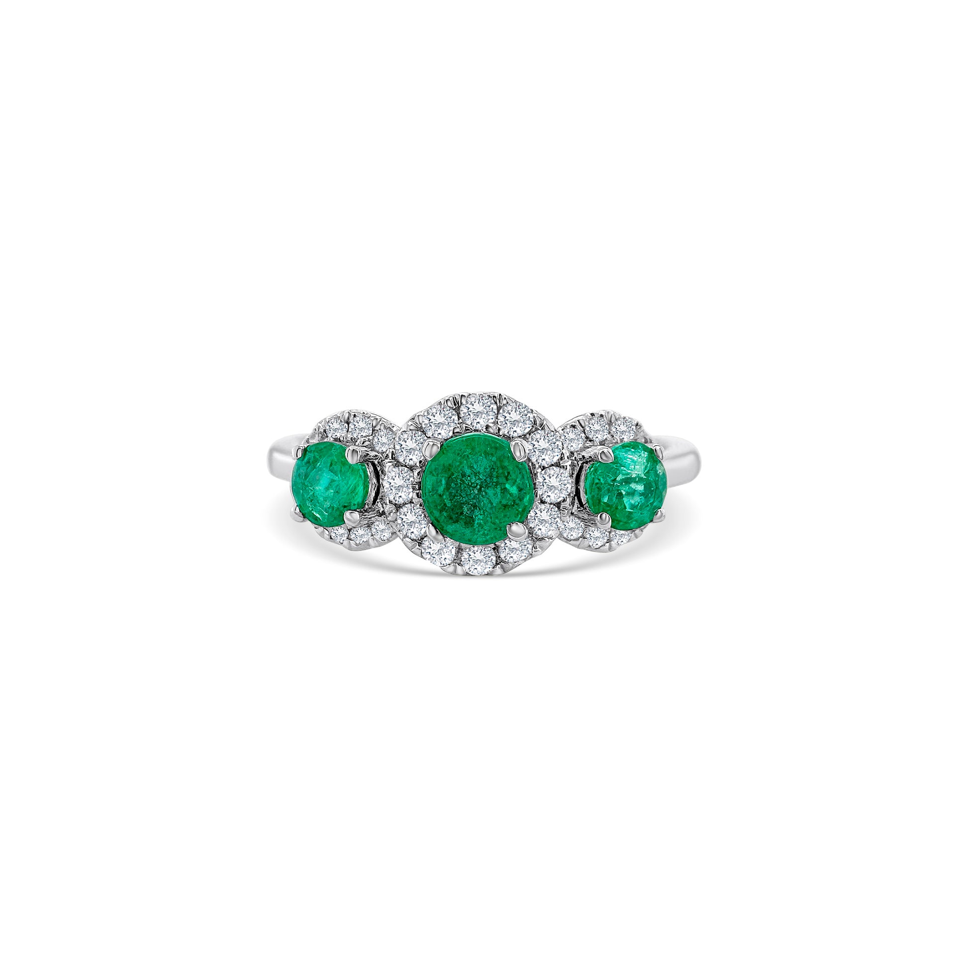 A captivating Round Emerald & Diamond Halo Ring, crafted to perfection with shimmering diamonds and a brilliant emerald centerpiece, ideal for adding a touch of glamour to any ensemble