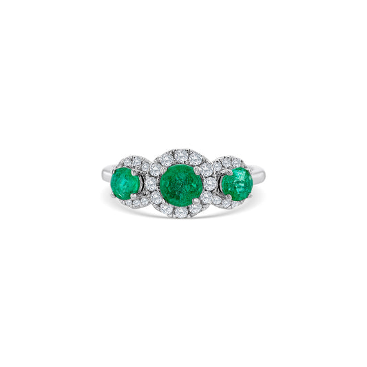 A captivating Round Emerald & Diamond Halo Ring, crafted to perfection with shimmering diamonds and a brilliant emerald centerpiece, ideal for adding a touch of glamour to any ensemble