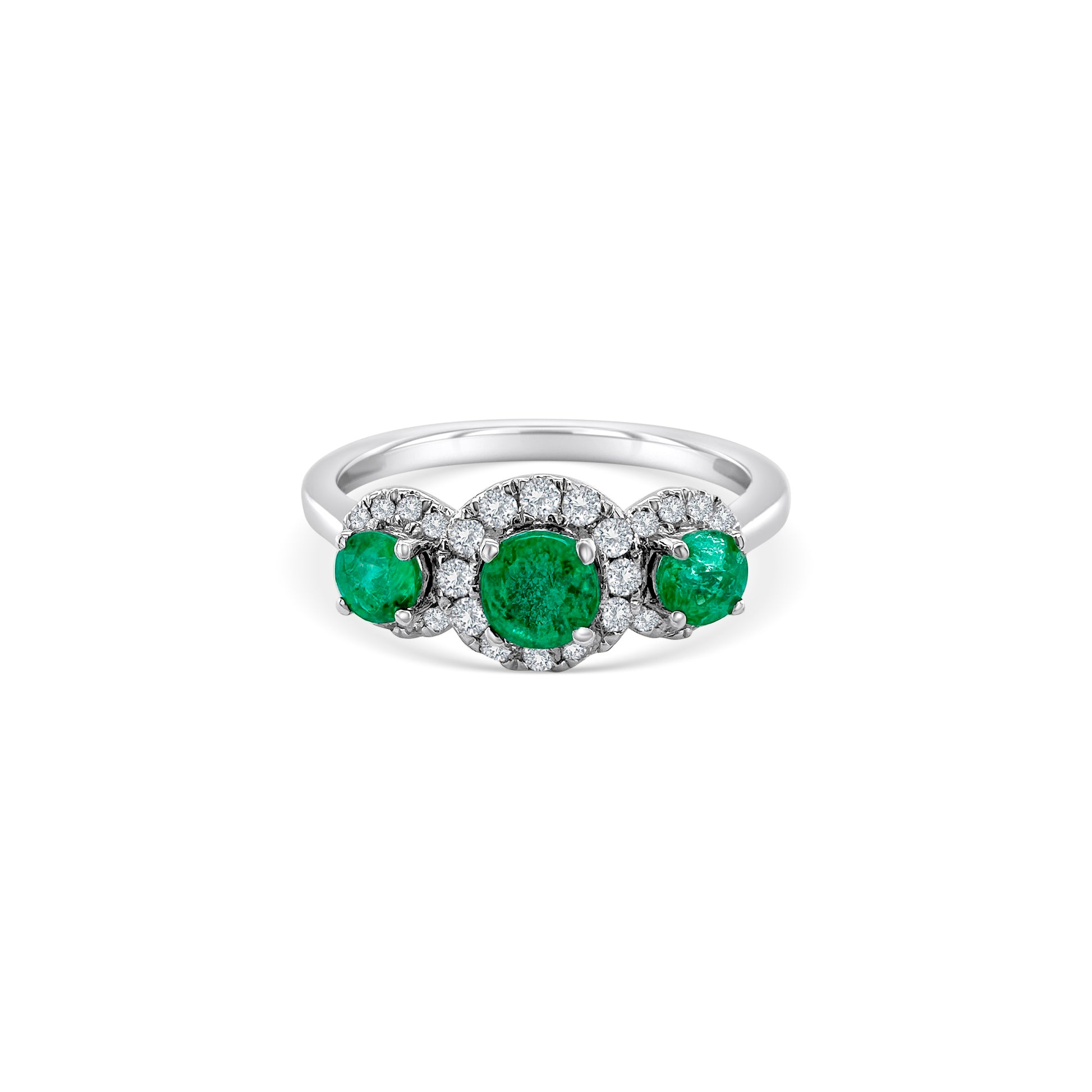 A captivating Round Emerald & Diamond Halo Ring, crafted to perfection with shimmering diamonds and a brilliant emerald centerpiece, ideal for adding a touch of glamour to any ensemble