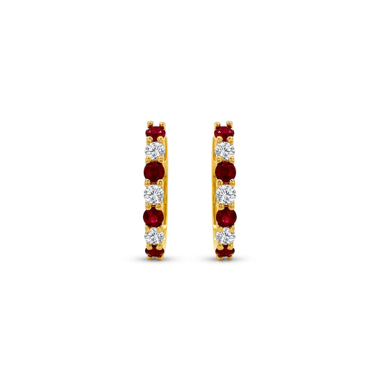 "Round Ruby Earrings, Diamond Huggy Earrings, Red Gemstone Jewelry, Sparkling Diamond Accents, Elegant Earrings, Fashion Accessories, Luxury Jewelry, Fine Jewelry, Glamorous Earrings, Statement Earrings, Precious Gemstone Earrings, Stylish Accessories, High-Quality Jewelry, Classy Earrings, Stunning Ruby and Diamond Earrings"