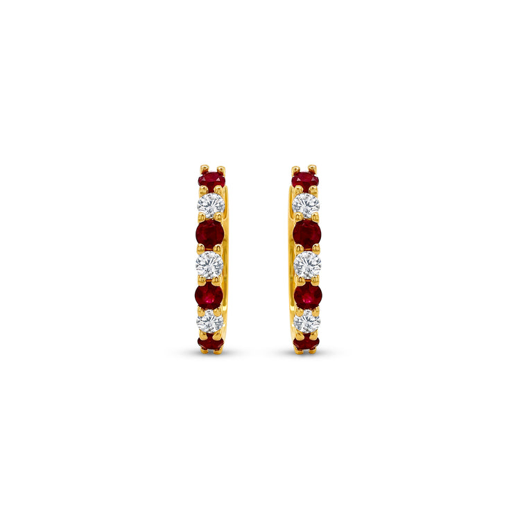 "Round Ruby Earrings, Diamond Huggy Earrings, Red Gemstone Jewelry, Sparkling Diamond Accents, Elegant Earrings, Fashion Accessories, Luxury Jewelry, Fine Jewelry, Glamorous Earrings, Statement Earrings, Precious Gemstone Earrings, Stylish Accessories, High-Quality Jewelry, Classy Earrings, Stunning Ruby and Diamond Earrings"