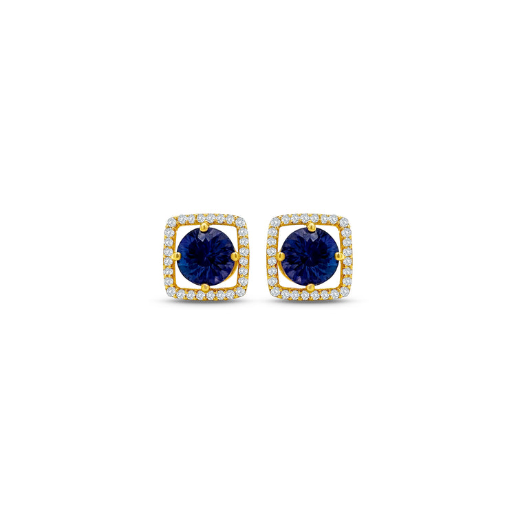 Round Tanzanite & Diamond Halo Stud Earrings" Tanzanite Detail: "Vibrant Round Tanzanite Gemstone" Diamond Halo: "Halo of Diamonds Surrounding Tanzanite" Earring Set: "Elegant Set of Tanzanite & Diamond Stud Earrings" Liner Options: "Earrings with Different Open Liners for Customization" Radiant Beauty: "Sparkling Tanzanite & Diamond Halo Stud Earrings"