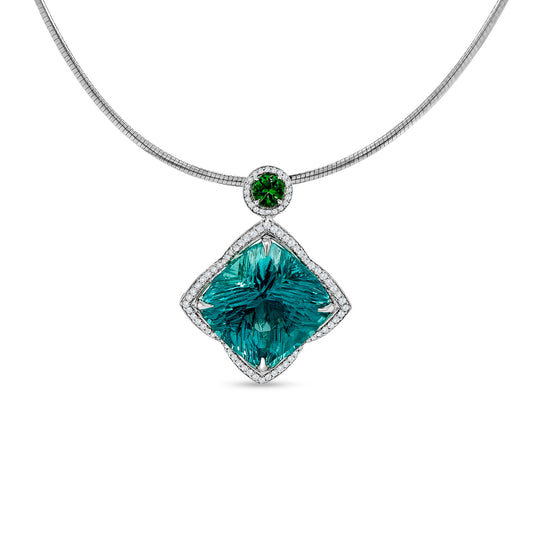 "Aquamarine, Sapphire, Tsavorite & Diamond Pendant" Gemstone Detail: "Exquisite Aquamarine, Sapphire, and Tsavorite Gemstones" Diamond Accents: "Diamonds Accentuating Multicolor Gemstone Pendant" Pendant Profile: "Profile View of Aquamarine, Sapphire, and Tsavorite Pendant" Customization Options: "Pendant with Different Open Liner Choices" Stylish Presentation: "Elegantly Designed Gemstone and Diamond Pendant"