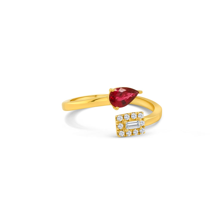 A luxurious pear-shaped ruby ring, gleaming with vibrant red hues, adorned with sparkling diamonds, an exquisite jewelry piece, perfect for elegant occasions, showcasing timeless beauty, a captivating blend of rubies and diamonds, crafted with precision and sophistication.