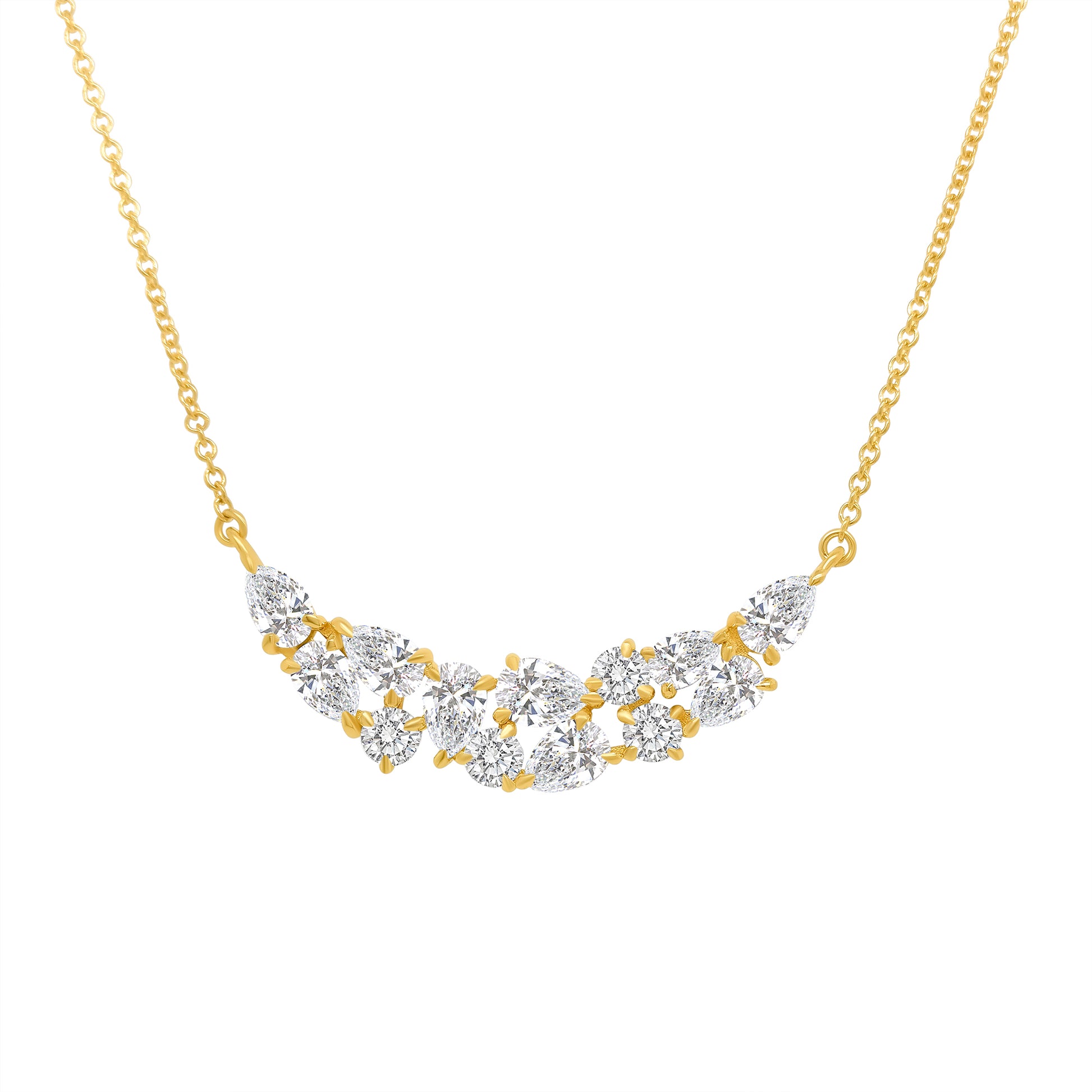 A round brilliant diamond pendant, sparkling round brilliant pendant, elegant round pendant, pear-shaped diamond pendant, dazzling pear pendant, pear-shaped drop pendant.