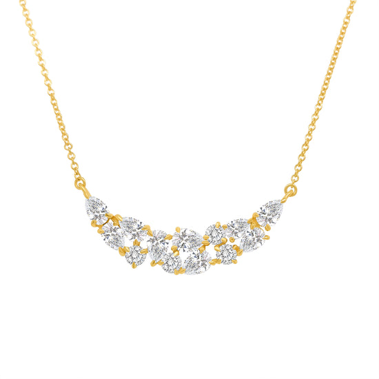 A round brilliant diamond pendant, sparkling round brilliant pendant, elegant round pendant, pear-shaped diamond pendant, dazzling pear pendant, pear-shaped drop pendant.