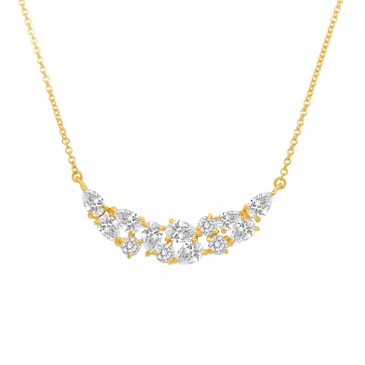 A round brilliant diamond pendant, sparkling round brilliant pendant, elegant round pendant, pear-shaped diamond pendant, dazzling pear pendant, pear-shaped drop pendant.