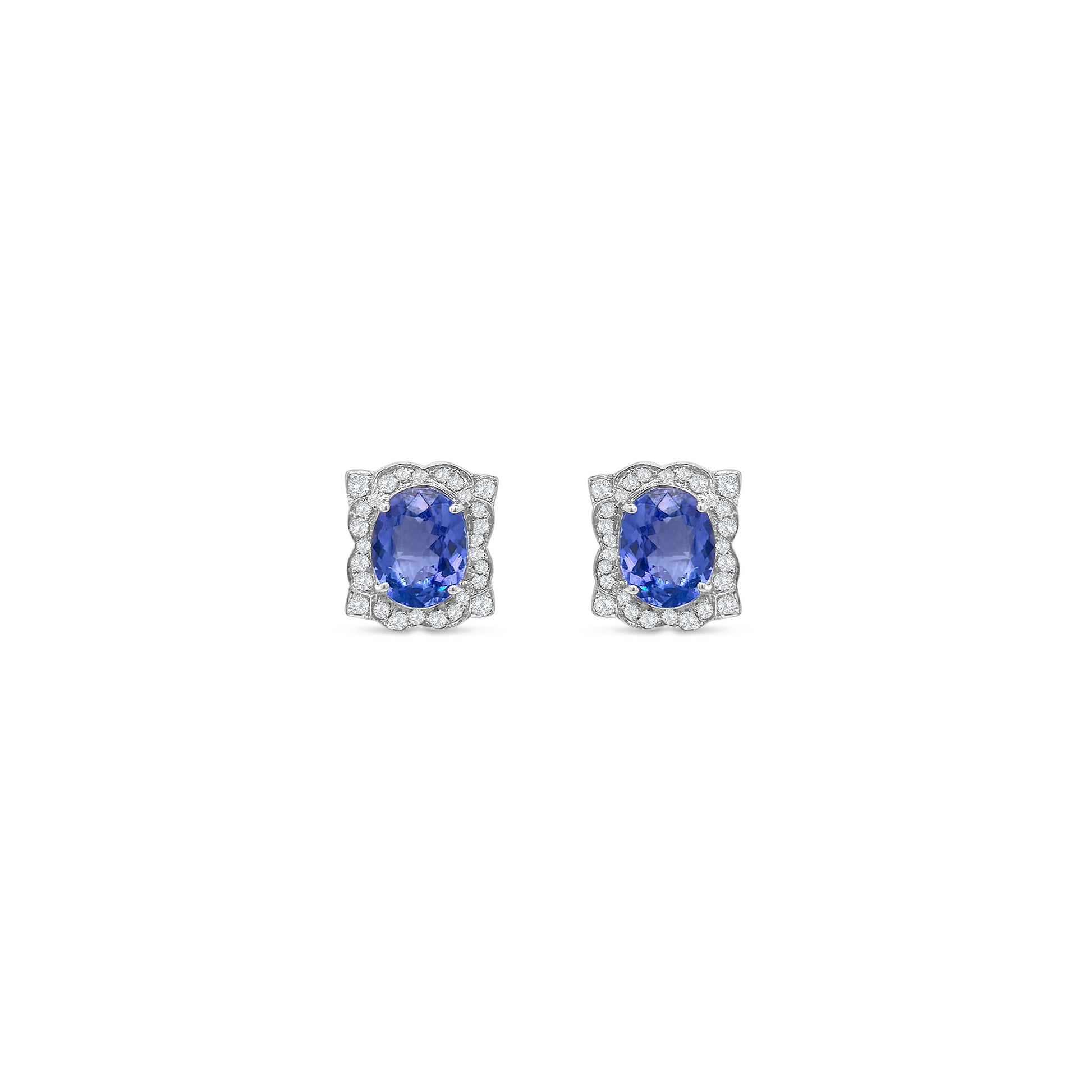 Oval Tanzanite & Diamond Halo Stud Earrings in Floral Design – Elegant Fine Jewelry"