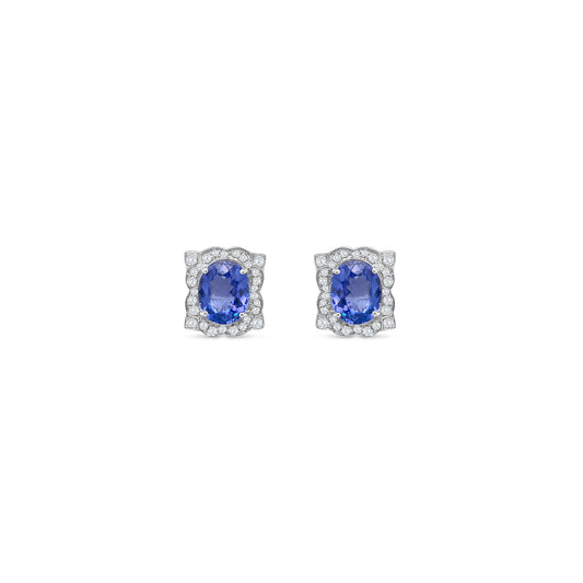 Oval Tanzanite & Diamond Halo Stud Earrings in Floral Design – Elegant Fine Jewelry"