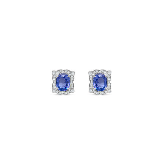 Oval Tanzanite & Diamond Halo Stud Earrings in Floral Design – Elegant Fine Jewelry"