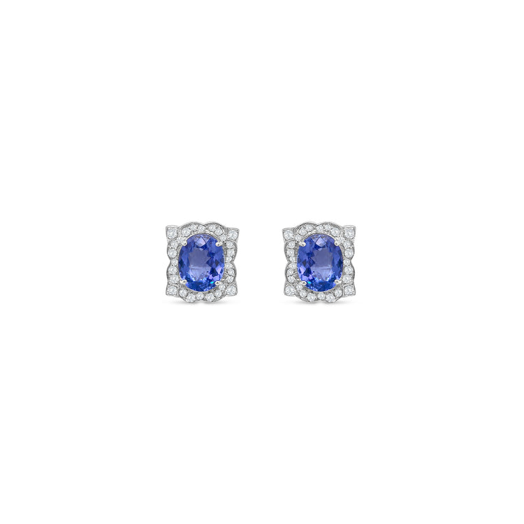 Oval Tanzanite & Diamond Halo Stud Earrings in Floral Design – Elegant Fine Jewelry"