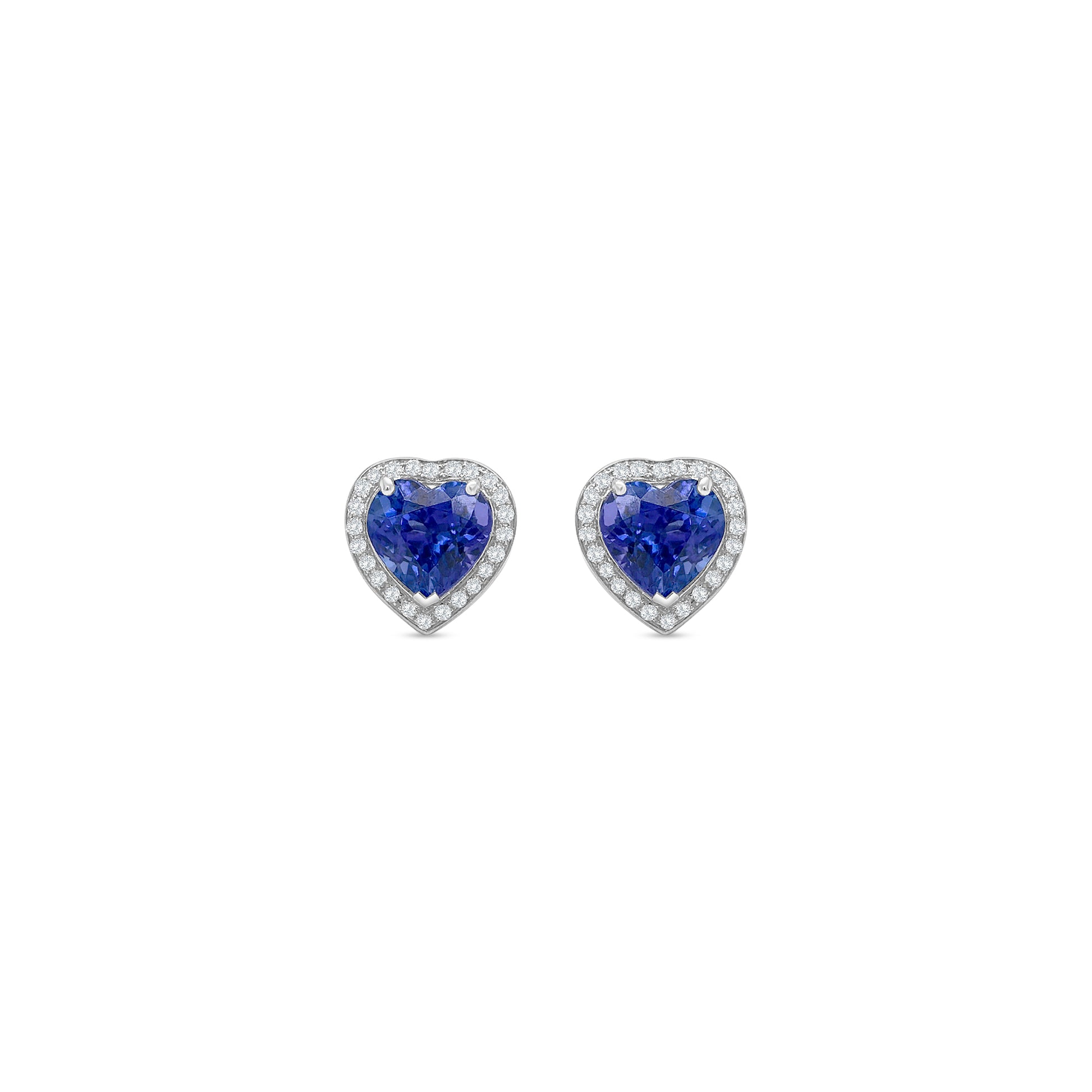 Heart-Shaped Tanzanite & Diamond Halo Stud Earrings in White Gold