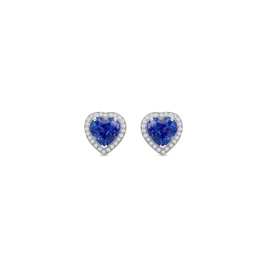 Heart-Shaped Tanzanite & Diamond Halo Stud Earrings in White Gold