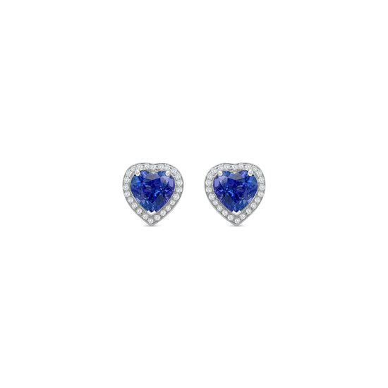 Heart-Shaped Tanzanite & Diamond Halo Stud Earrings in White Gold