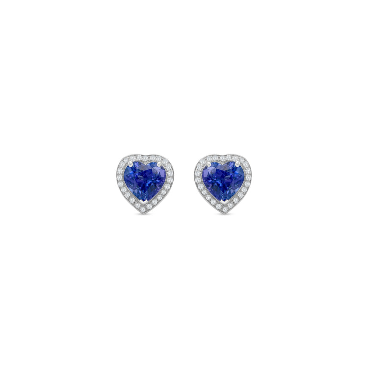 Heart-Shaped Tanzanite & Diamond Halo Stud Earrings in White Gold