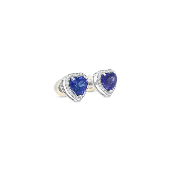 Heart-Shaped Tanzanite & Diamond Halo Stud Earrings in White Gold