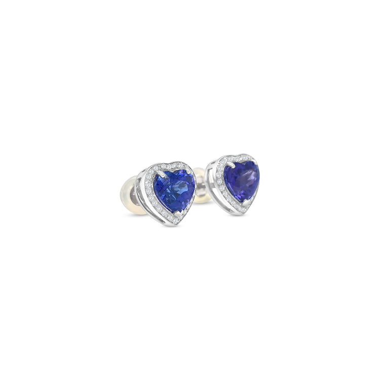 Heart-Shaped Tanzanite & Diamond Halo Stud Earrings in White Gold