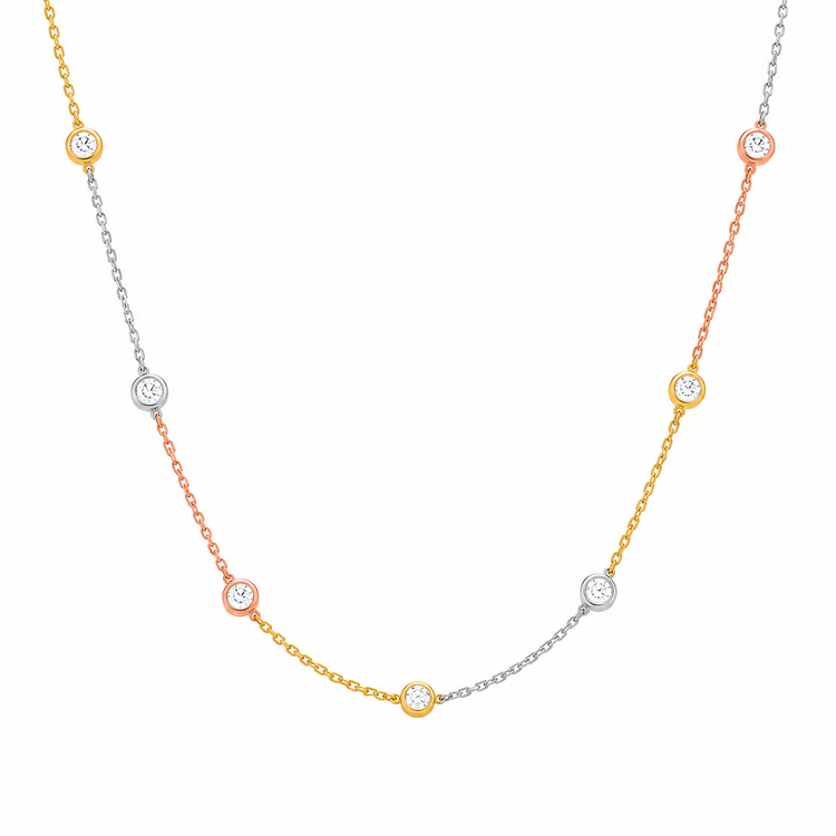 Round Brilliant Diamond Bezel Set Three-Tone Necklace