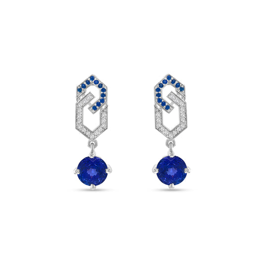 Round Tanzanite, Diamond & Sapphire Drop Earrings
