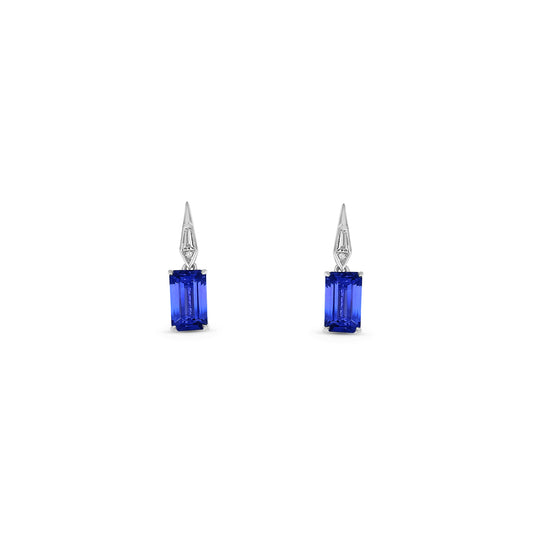 Elegant emerald-cut tanzanite and diamond drop earrings in gold setting, Luxury emerald tanzanite and diamond drop earrings, Handcrafted emerald-cut tanzanite and diamond drop earrings, Sparkling emerald tanzanite drop earrings for special occasions, Fine jewelry emerald tanzanite and diamond drop earrings