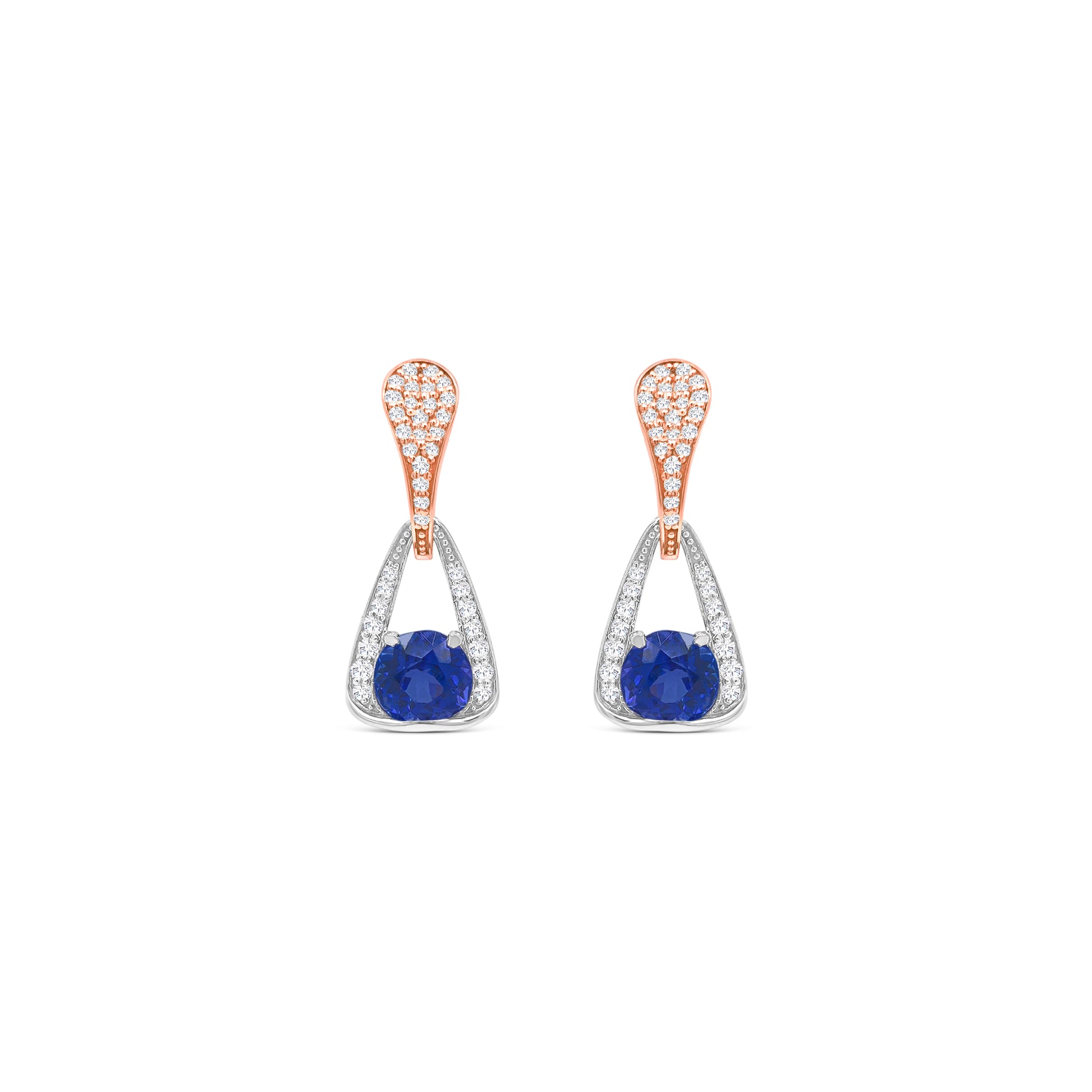 Elegant round tanzanite and diamond drop earrings in white gold, Close-up of sparkling tanzanite and diamond drop earrings, Luxury round tanzanite earrings with diamond accents, Women's tanzanite and diamond drop earrings, Fine jewelry round tanzanite and diamond drops, Handcrafted round tanzanite and diamond drop earrings