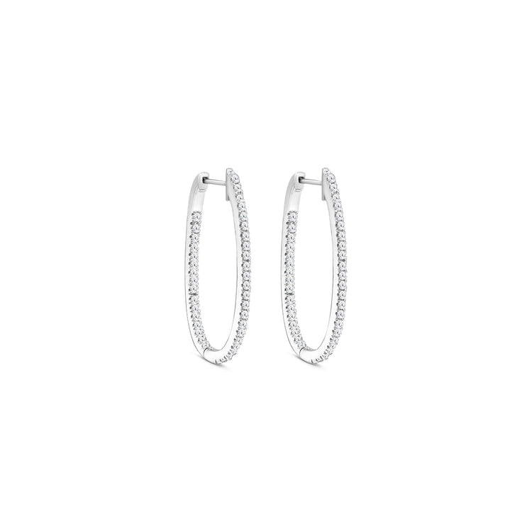 Elegant round brilliant diamond hoop earrings in white gold, Close-up of sparkling round brilliant diamond hoops, Luxury hoop earrings with round brilliant cut diamonds, Women's round brilliant diamond hoop earrings, Fine jewelry diamond hoops with round brilliant stones, Handcrafted round brilliant diamond hoop earrings