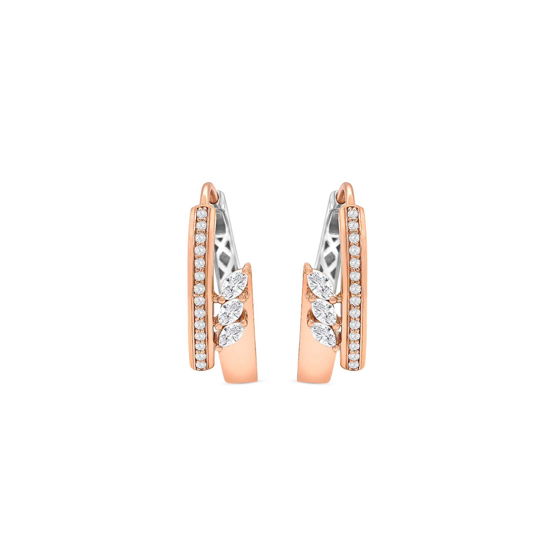 marquise diamond huggy earrings, round brilliant cut diamond huggy earrings, diamond huggy earrings, marquise and round diamond earrings, elegant diamond earrings, white gold diamond huggy hoops, fine diamond jewellery, lab grown diamond huggy earrings, modern diamond huggy style, First Diamonds earrings