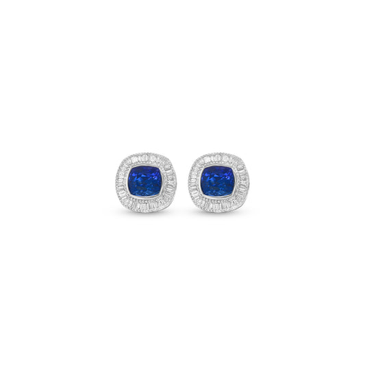 Cushion Tanzanite & Baguette Diamond Halo Stud Earrings