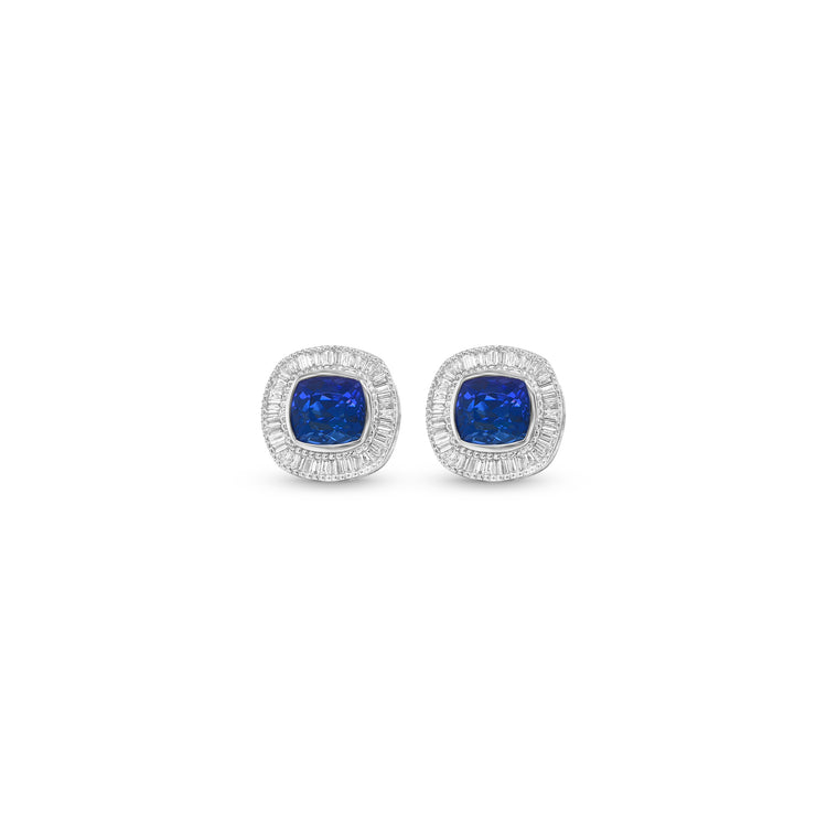 Cushion Tanzanite & Baguette Diamond Halo Stud Earrings