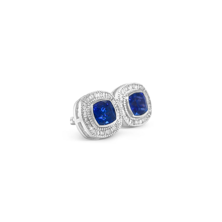 Cushion Tanzanite & Baguette Diamond Halo Stud Earrings