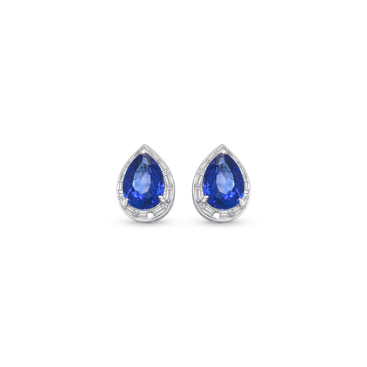 Pear Shape Tanzanite & Baguette Diamond Halo Stud Earrings