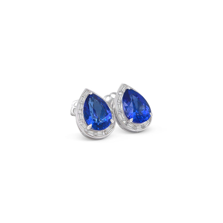 Pear Shape Tanzanite & Baguette Diamond Halo Stud Earrings