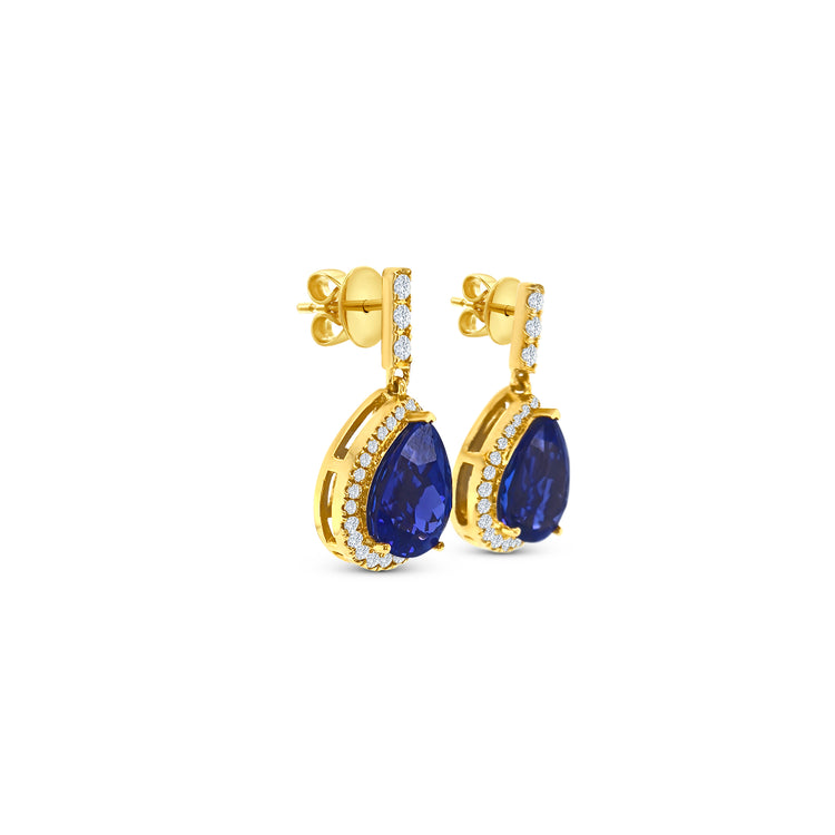 Pear Shape Tanzanite & Round Brilliant Diamond Halo Dangle Earrings