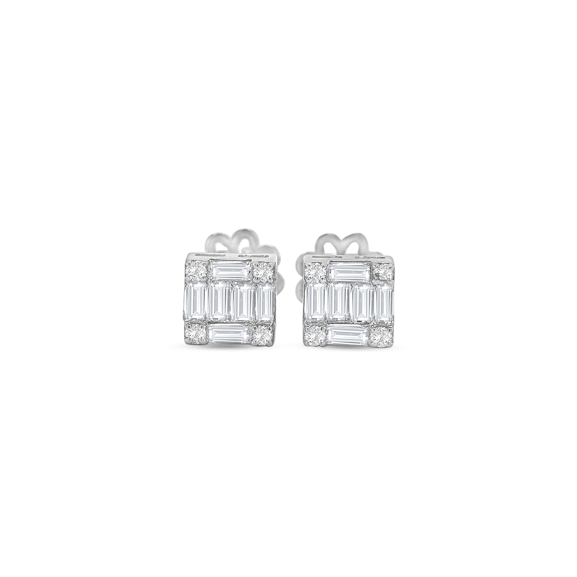 Luxurious stud earrings featuring baguette and round brilliant cut diamonds set in white gold, showcasing a modern and elegant design.